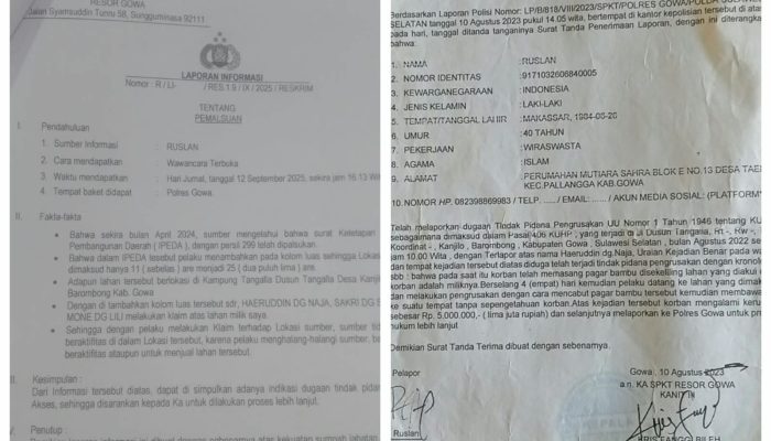 Sengketa Lahan Desa Kanjilo Semakin Kompleks – Laporan Perusakan Ditambah Dugaan Pemalsuan Dokumen, 4 Ahli Waris Laporan belum ada kejelasan di Polresta Gowa